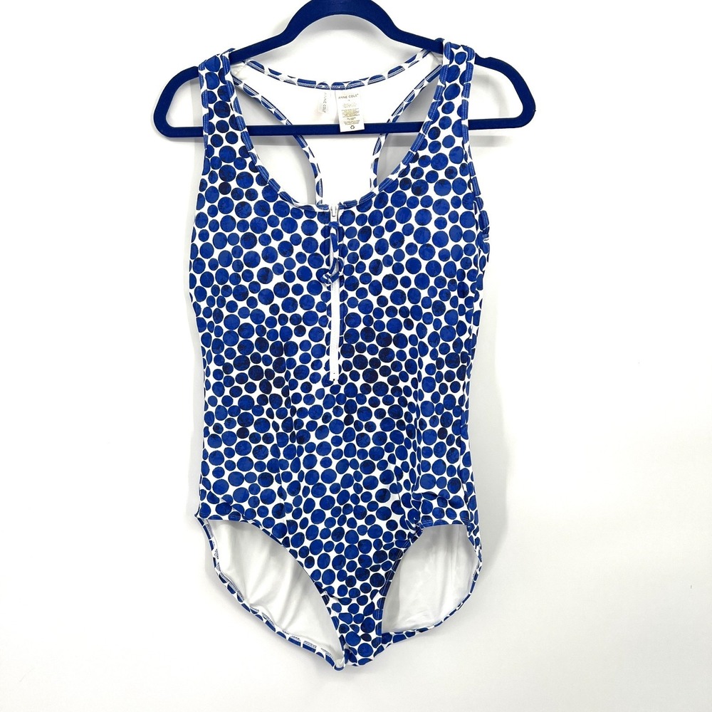 Anne Cole Zip Front Racerback‎ Denim Dot Scoop Neck One Piece Swimsuit 16
